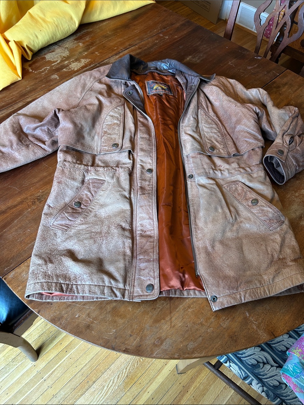 Wilsons Leather Brown Leather Military Field Jacket with Orange Lining
